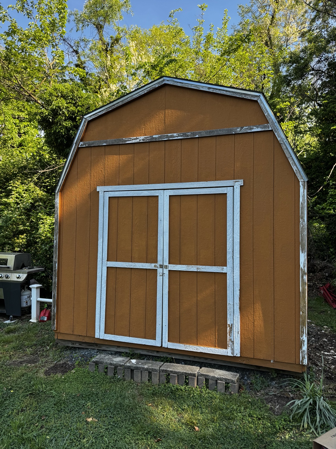 Backyard shed before exterior refinishing